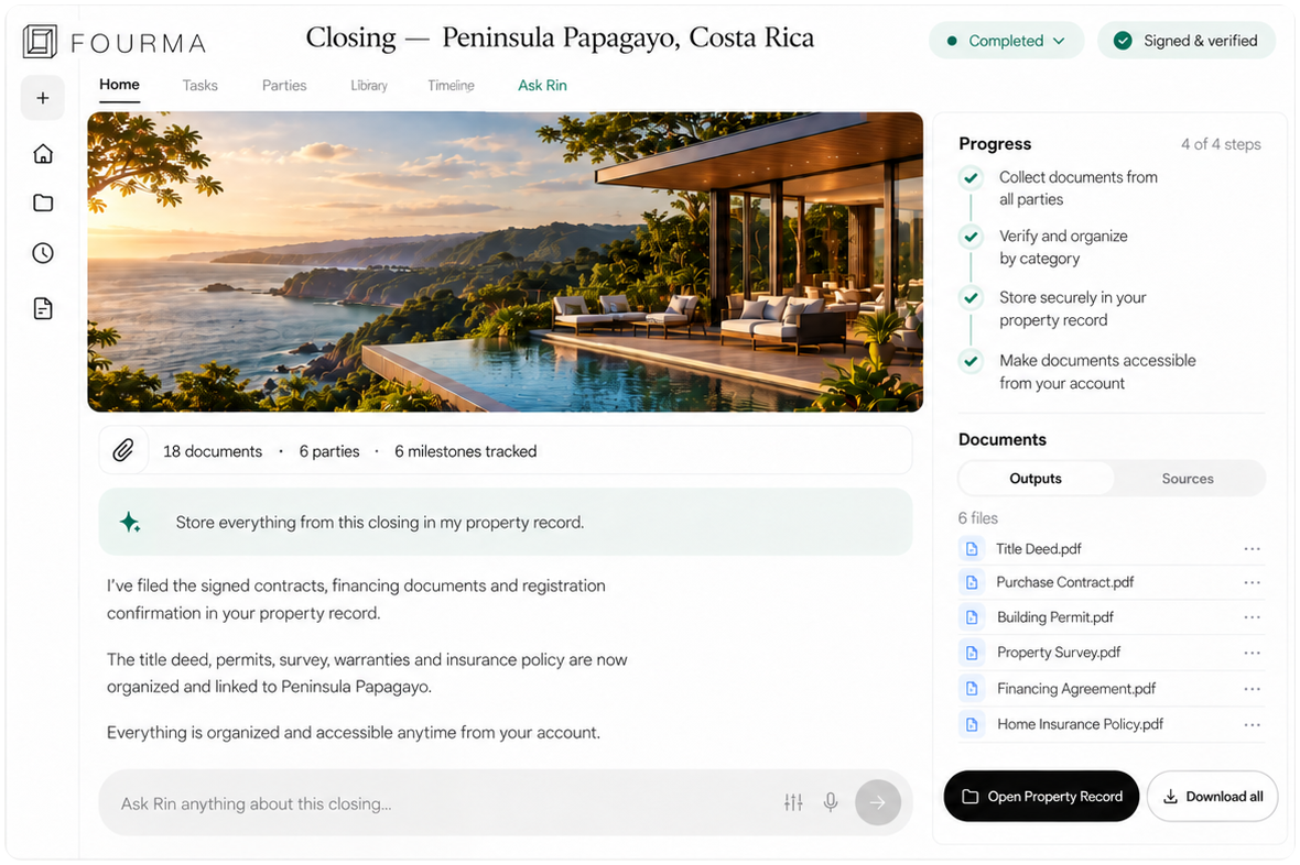 Fourma completed closing dashboard for Peninsula Papagayo, Costa Rica, with Ask Rin, signed and verified documents, completed progress and access to the property record.
