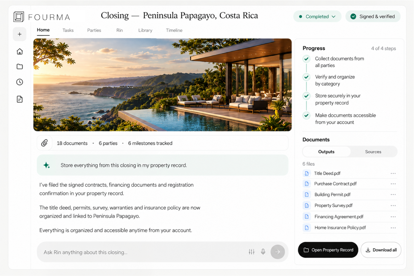 Fourma property record for Peninsula Papagayo with completed closing, organized property documents and account access.