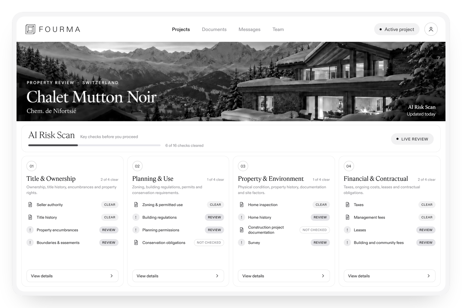 Fourma AI Risk Scan for a Swiss chalet: 6 of 16 due diligence checks cleared across title, planning, property and financial categories