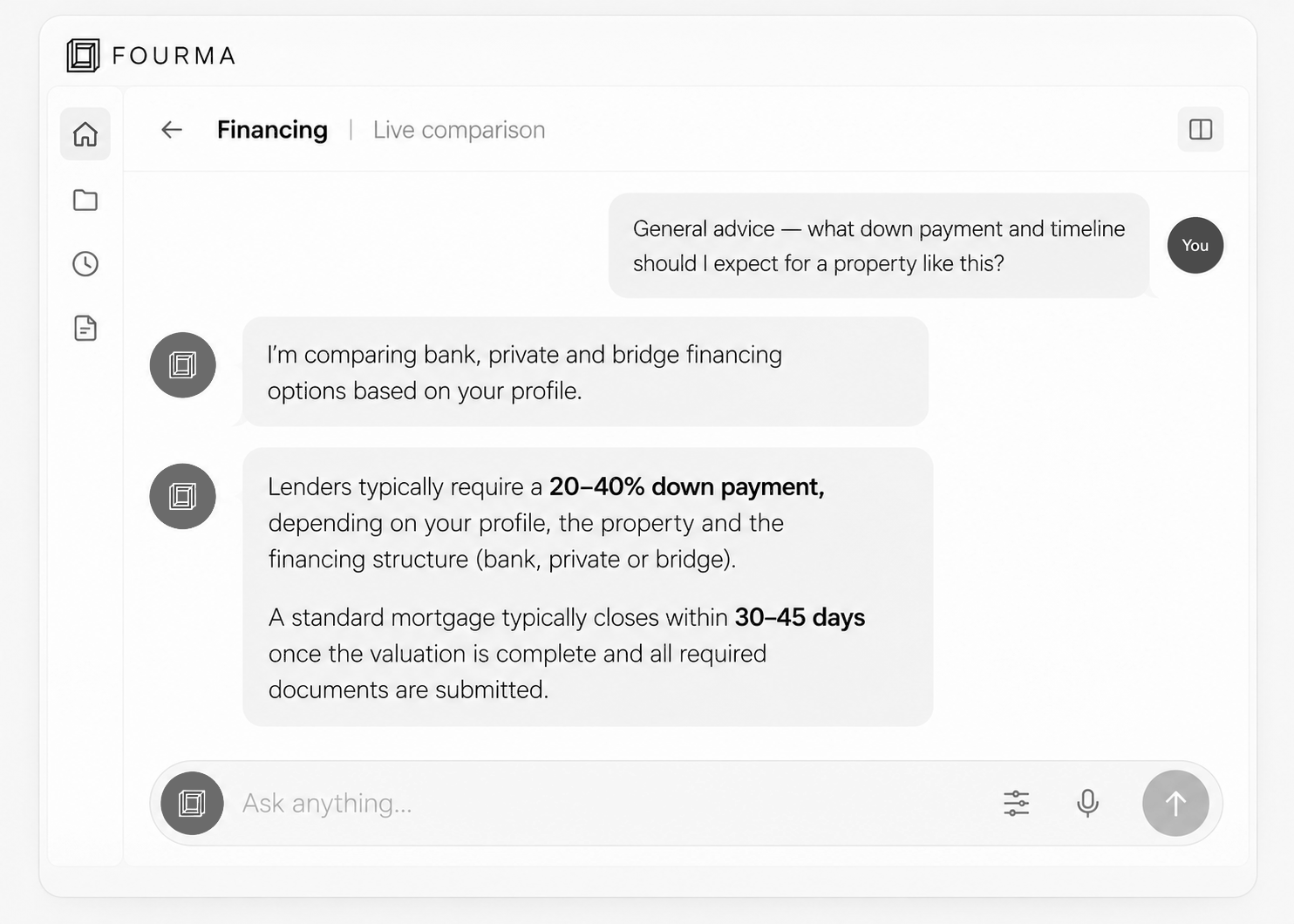 Rin comparing bank, private and bridge financing for a property in a live chat
