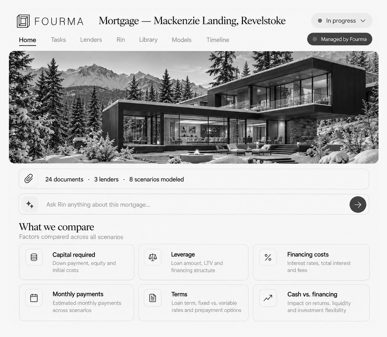 Mortgage workspace for 18 Mackenzie Landing, Revelstoke showing documents, lenders and the factors Fourma compares