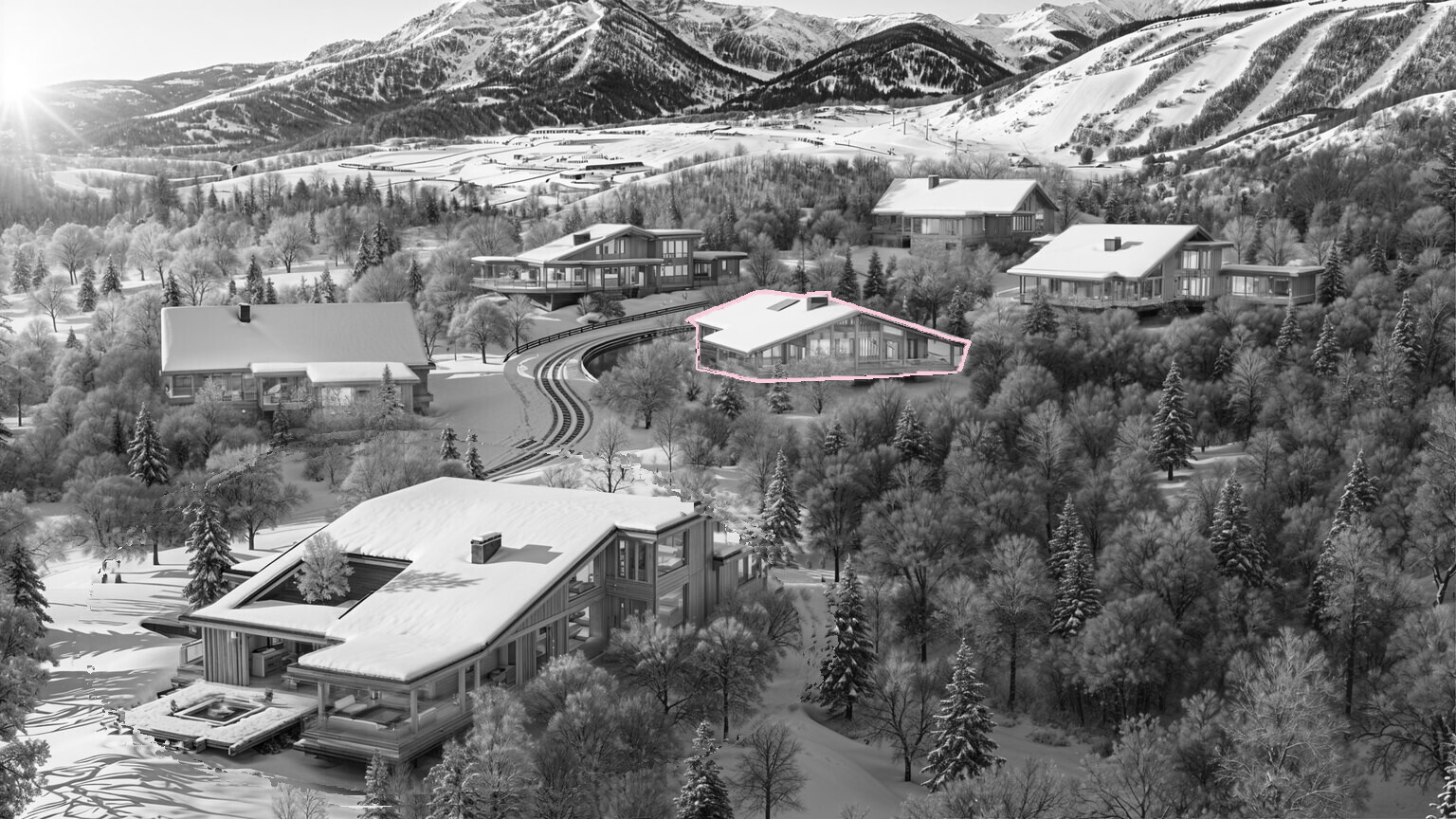 Black-and-white view of mountain chalets with one chalet outlined in pink