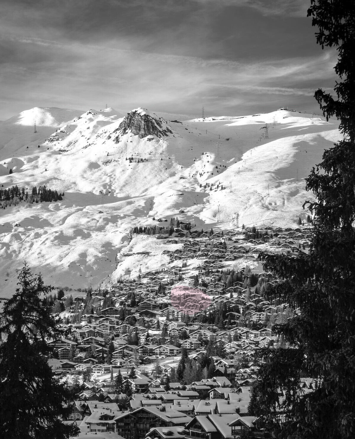 Verbier and its chalets beneath the ski slopes