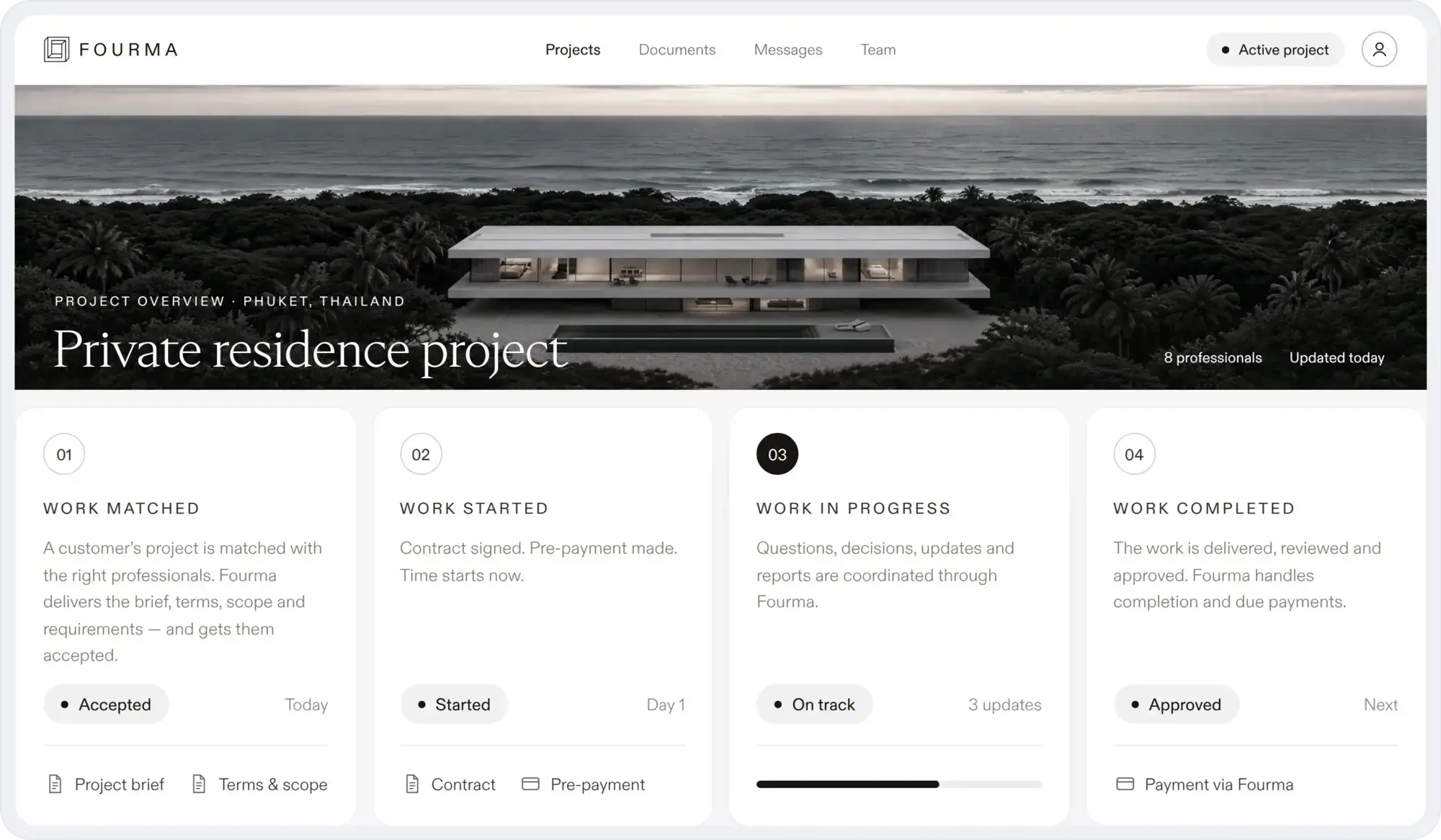 Fourma professional workspace for a private residence project in Phuket, Thailand: project confirmed, managed through Fourma, complete the work and close the project